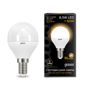 gauss 105101107 Лампа LED Globe E14 6,5W 2700K