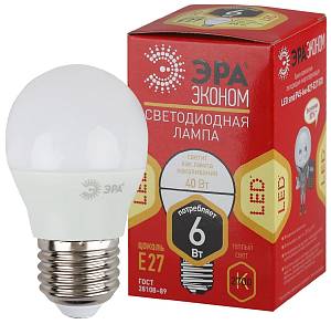 Лампочка светодиодная ЭРА RED LINE ECO LED P45-6W-827-E27 E27 / Е27 6Вт шар теплый белый свет