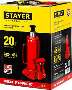 STAYER RED FORCE, 20 т, 242 - 452 мм, бутылочный гидравлический домкрат, Professional (43160-20)